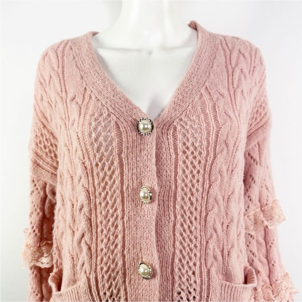 Romwe Kawaii Pink Cable Knit Lace Pearl Button Down Sweater Cardigan S - Picture 2 of 12